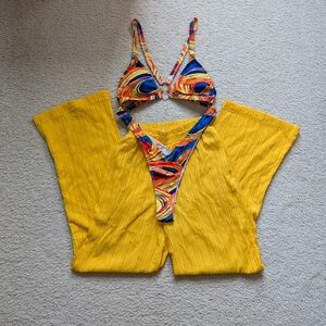 Colorful Swirl Bikini Top with Yellow Pants